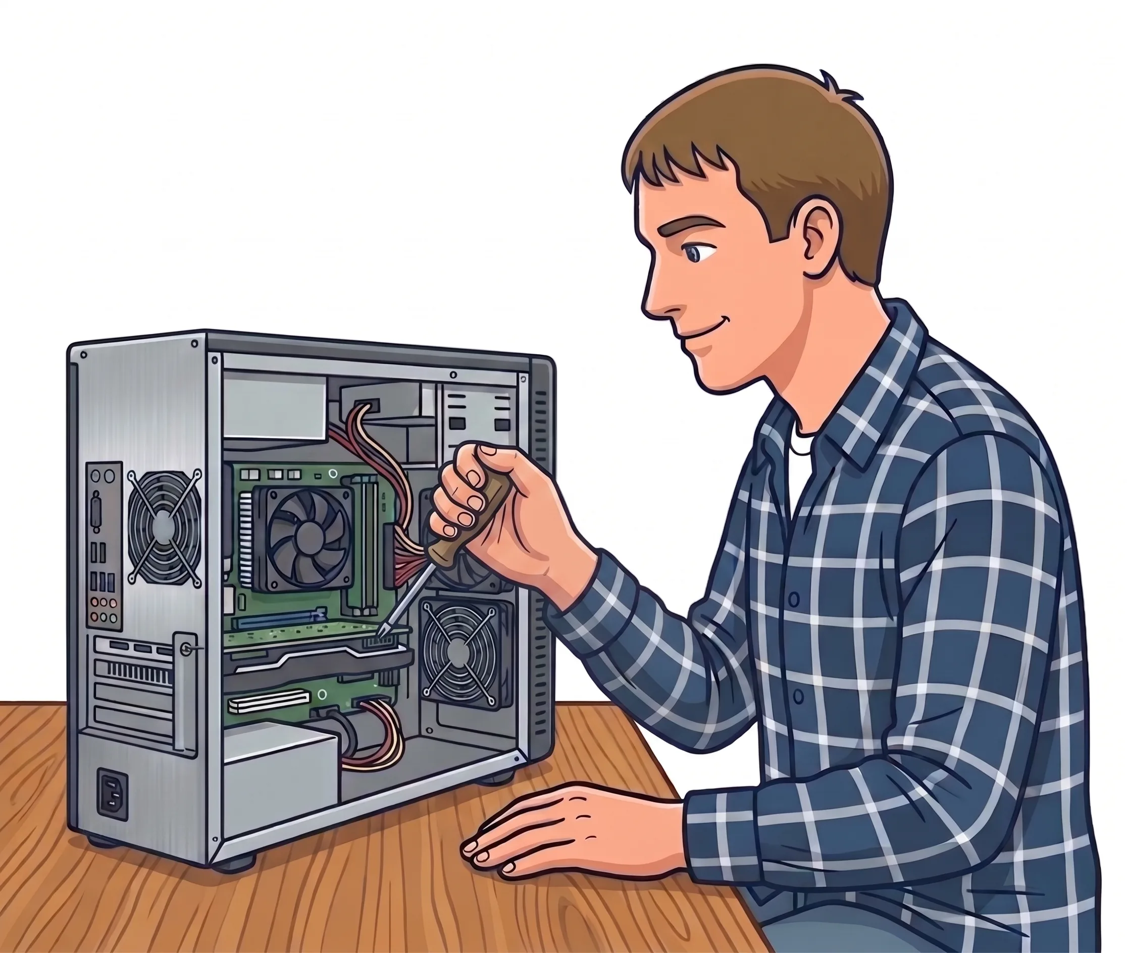 Andy repairing a desktop computer with a screwdriver